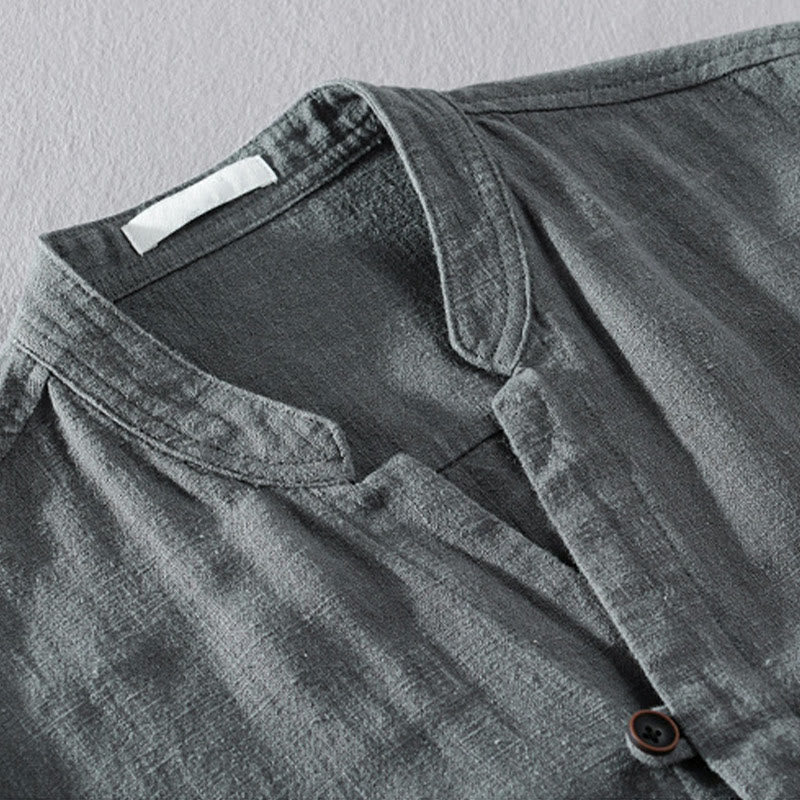 Buddha Stones Spring Daily Simple Buttons Design Stand Collar Men's Long Sleeve Cotton Linen Shirt With Pockets