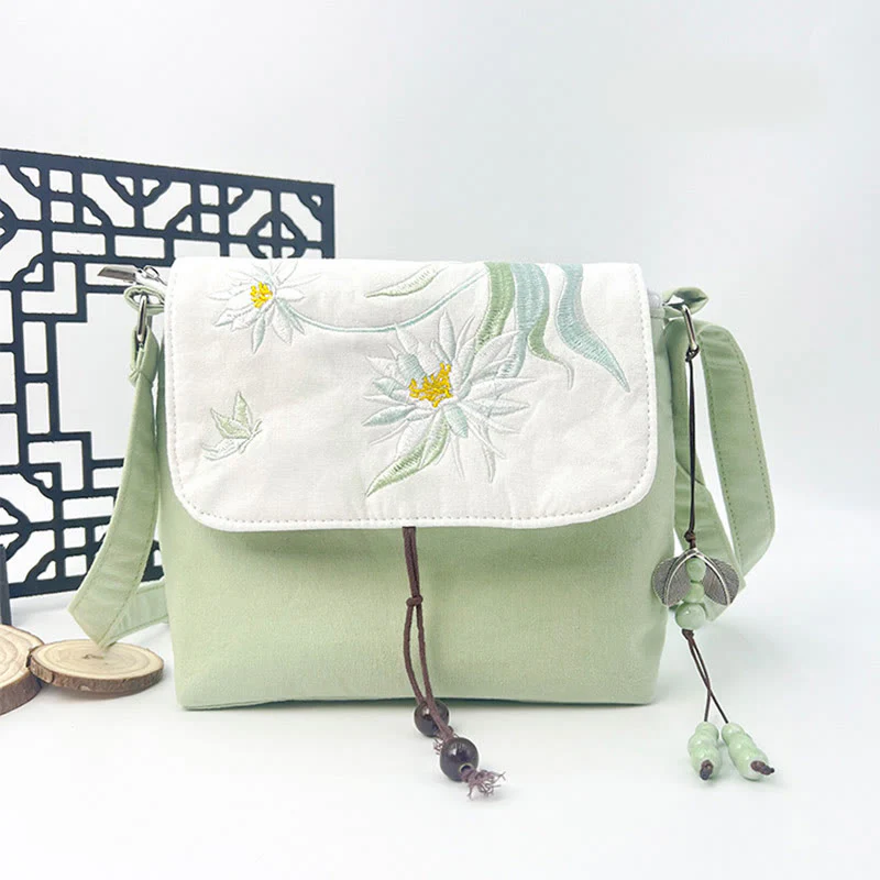 Buddha Stones Embroidered Camellia Epiphyllum Gardenia Sakura Flowers Crossbody Bag Shoulder Bag Cellphone Bag