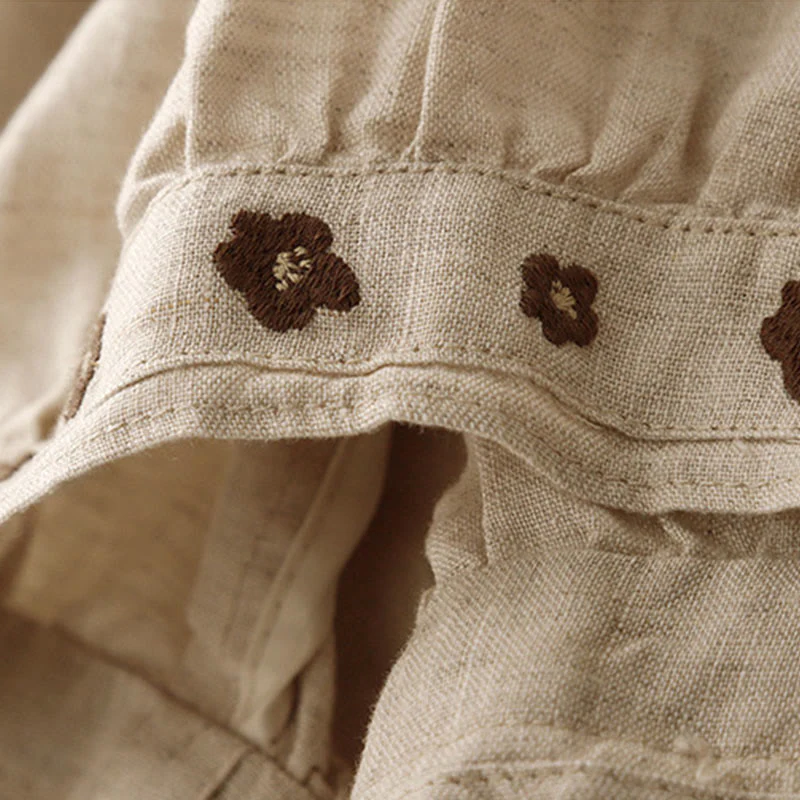 Buddha Stones Casual Embroidered Petals Women's Cotton Linen 7-8 Length Harem Pants With Pockets