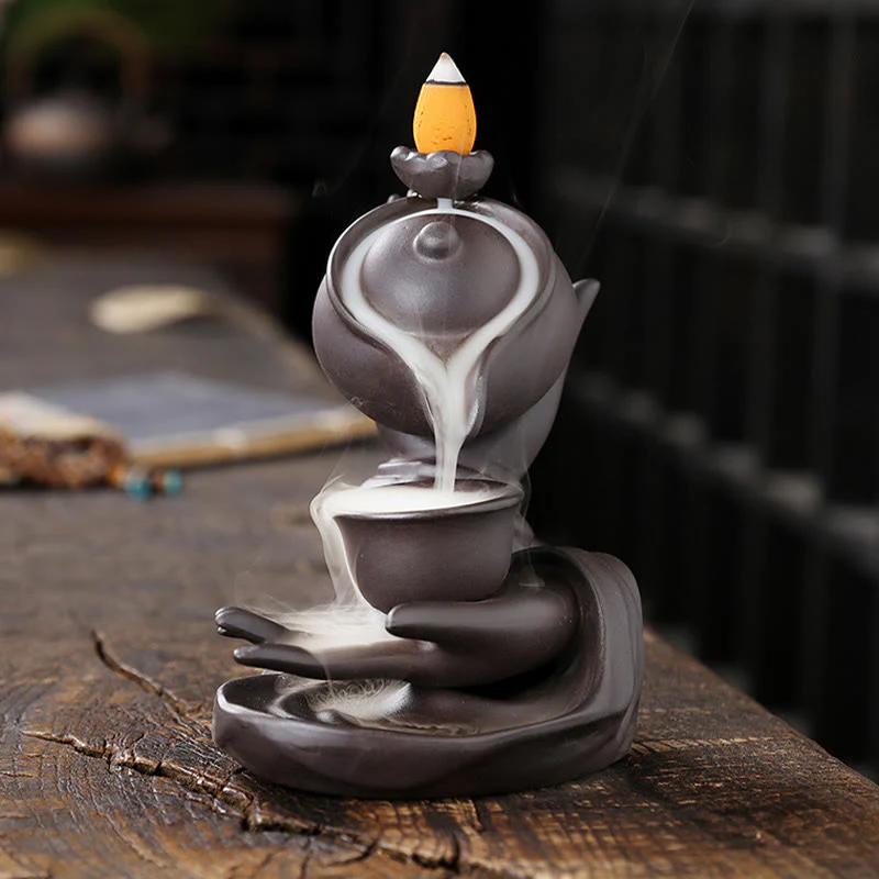 Buddha Stones Buddha Hand Holding Teapot Cup Ceramic Backflow Smoke Fountain Healing Incense Burner Decoration