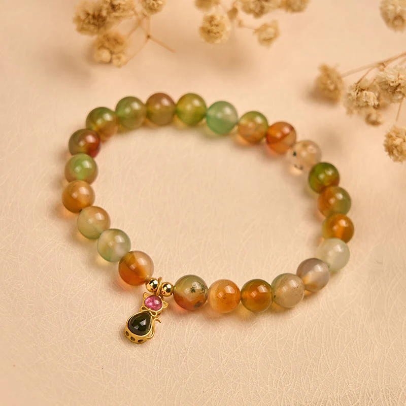 Buddha Stones 925 Sterling Silver Tourmaline Cat Natural Peacock Agate Courage Bracelet