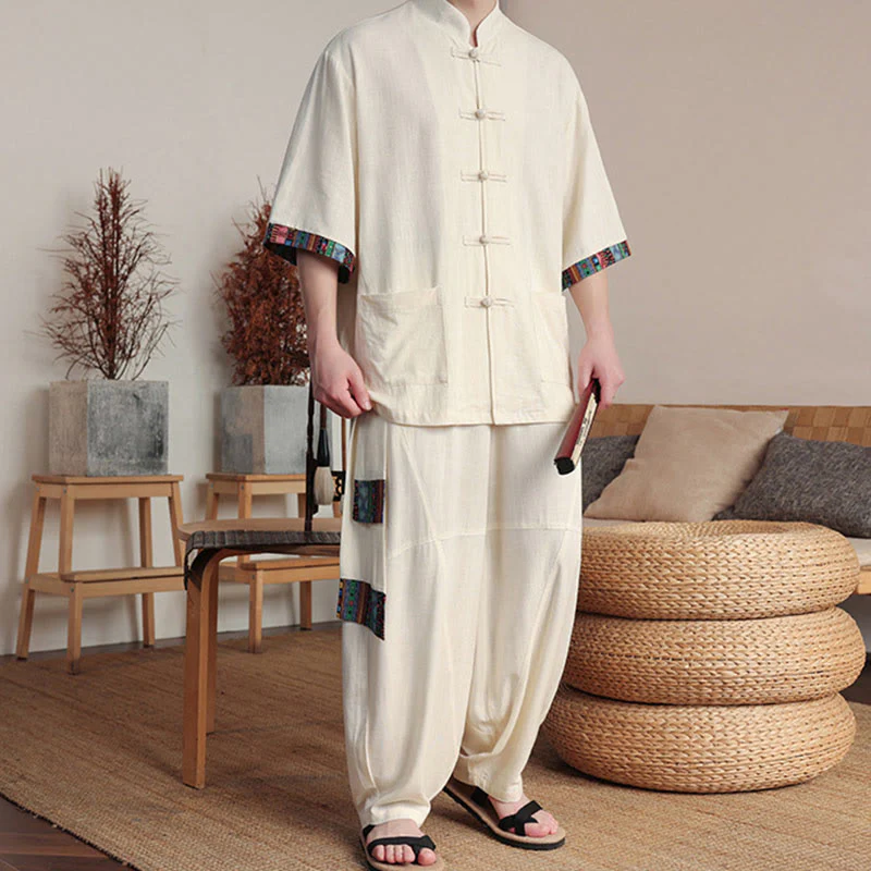 Buddha Stones 2Pcs Patchwork Chinese Frog-Button Shirt Wide Leg Pants Men's Meditation Cloth Set With Pockets