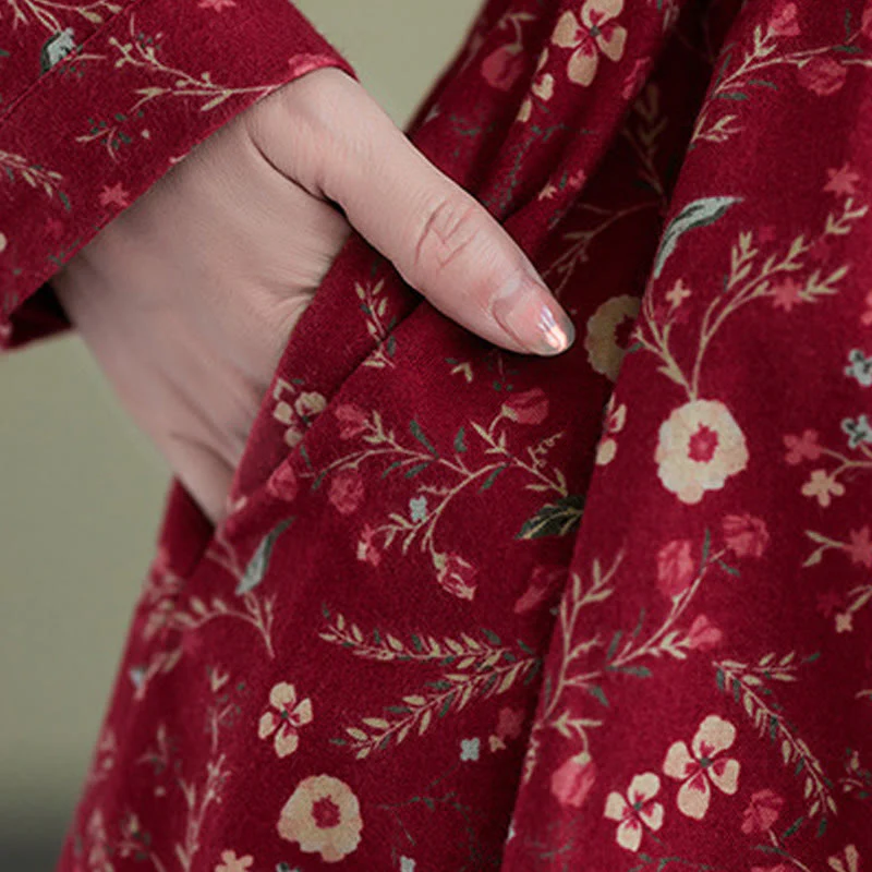 Buddha Stones Ethnic Printing Drawstring Long Sleeve Cotton Linen Midi Dress With Pockets