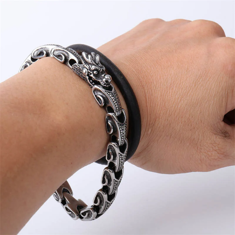 Buddha Stones Dragon Titanium Steel Luck Bracelet Bangle
