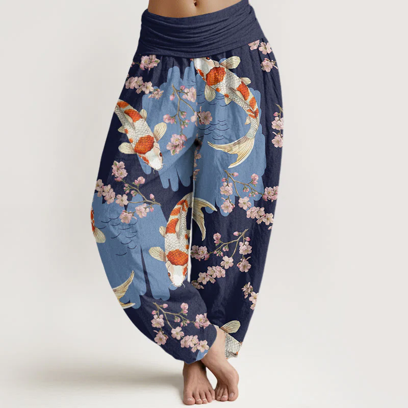 Buddha Stones Casual Koi Fish Cherry Blossom Pattern Women's Elastic Waist Harem Pants