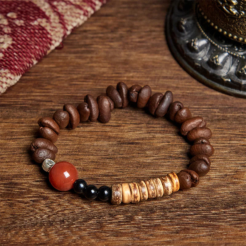 Buddha Stones Natural Coffee Beans Red Agate Coconut Shell Beads Bracelet