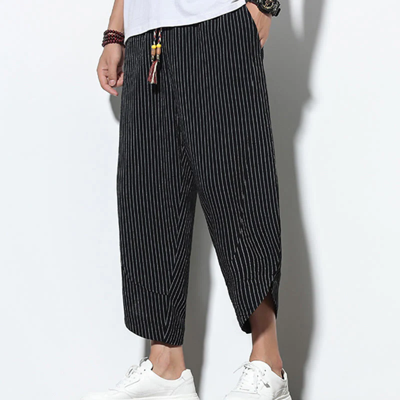 Buddha Stones Summer Stripes Pattern Drawstring Cotton Linen Men's 7-8 Length Harem Pants With Pockets