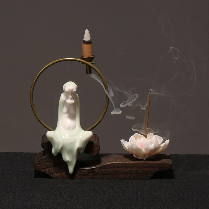 Buddha Stones Ceramic Lotus Healing Meditation Incense Burner Decoration