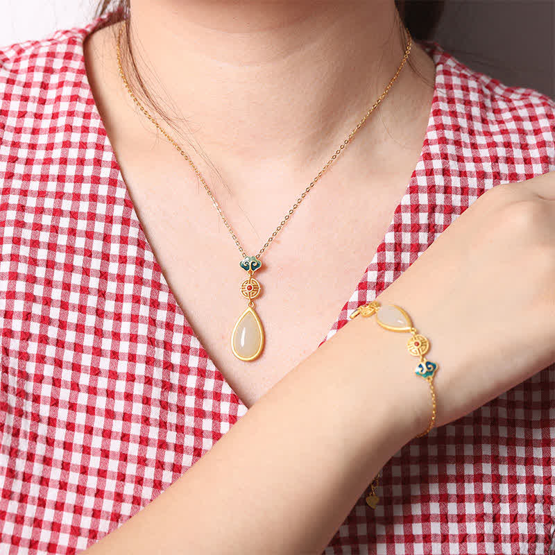 Buddha Stones 925 Sterling Silver Hetian White Jade Water Drop Chain Necklace Pendant Bracelet