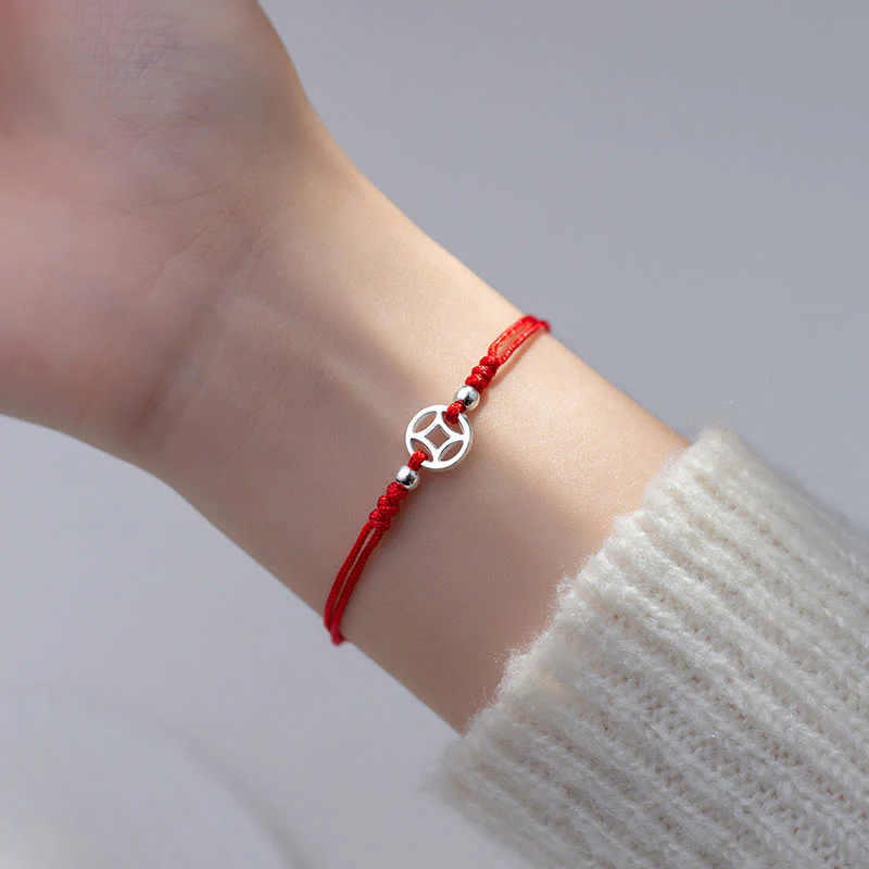 Buddha Stones 925 Sterling Silver Hollow Copper Coin Luck String Bracelet