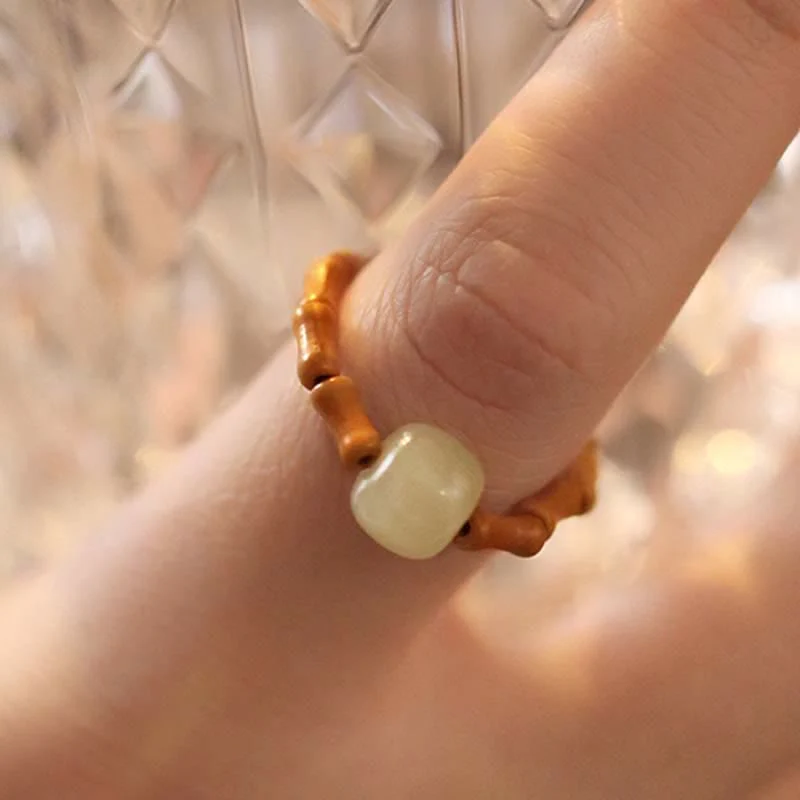 Buddha Stones Hetian Jade Beaded Bamboo Prosperity Luck Ring