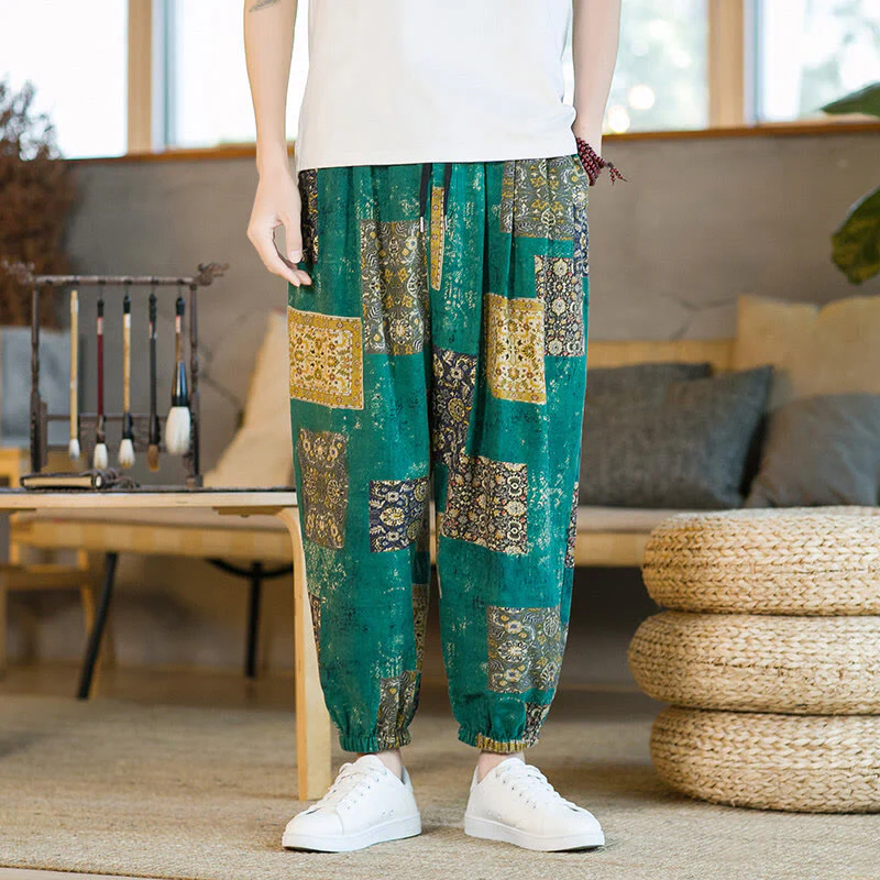 Buddha Stones Summer Square Patchwork Cotton Linen Men's Ankle-Length Harem Pants With Pockets