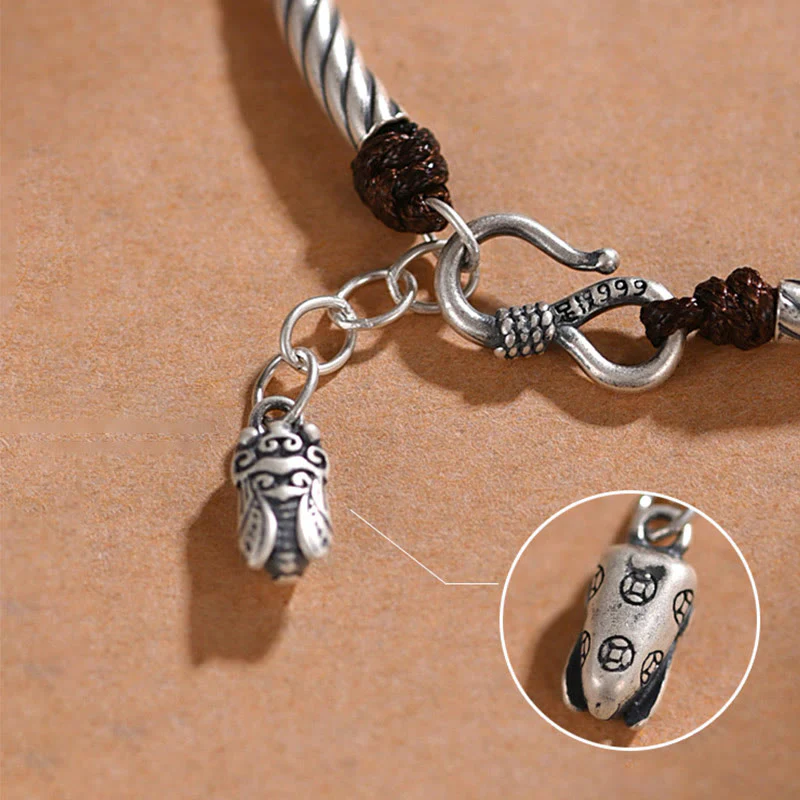 Buddha Stones 999 Sterling Silver Bamboo Pattern Cicada Luck Wealth Bracelet