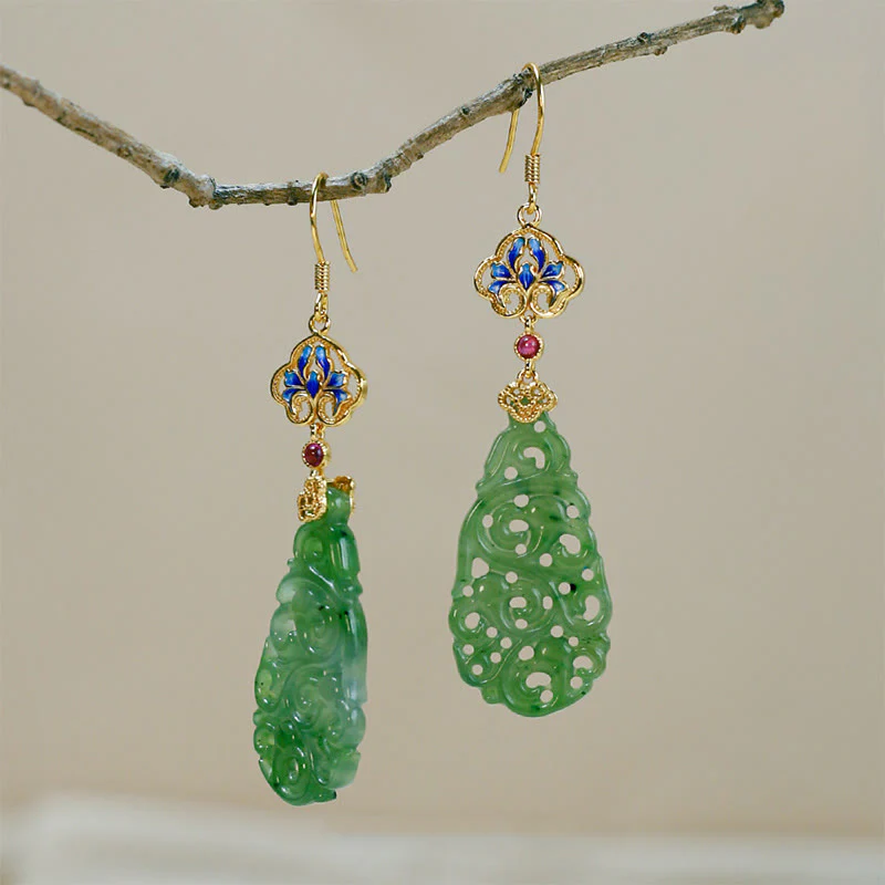 Buddha Stones Hollow Hetian Jade Enamel 925 Sterling Silver Prosperity Earrings