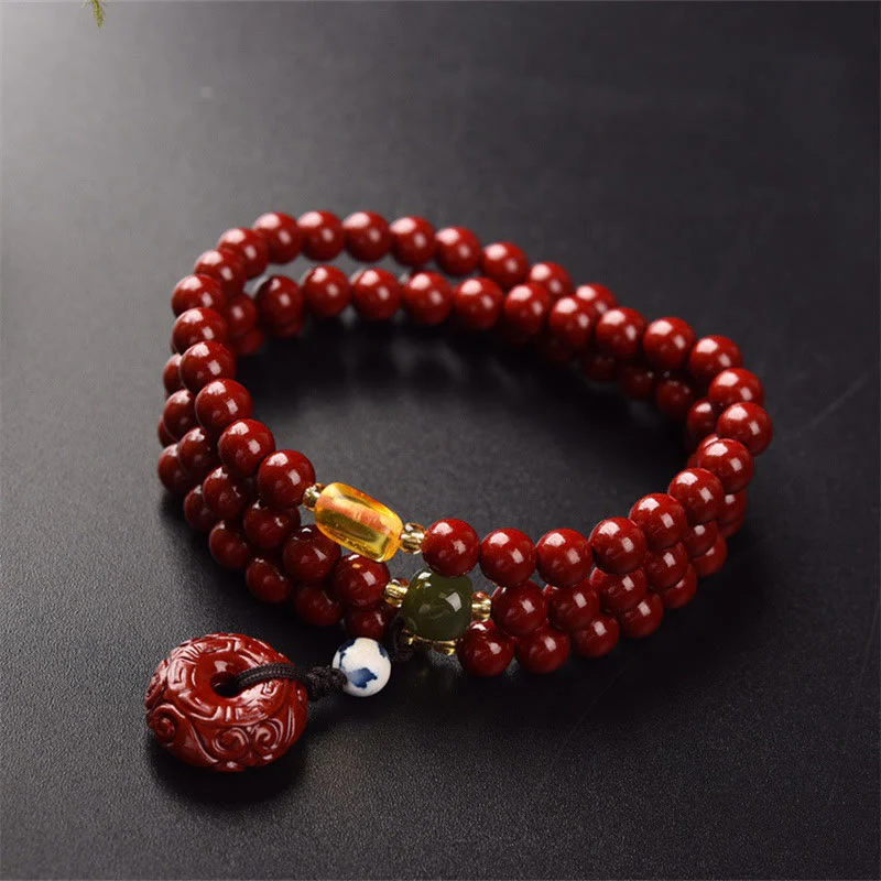 Buddha Stones Tibetan Cinnabar Peace Buckle Triple Wrap Blessing Bracelet Mala