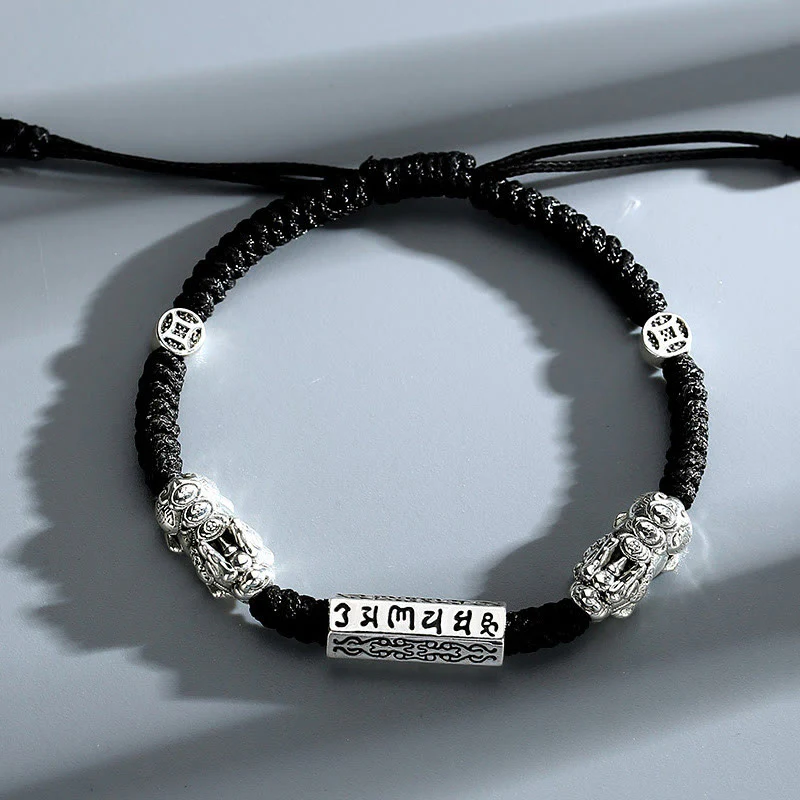 Buddha Stones Double PiXiu Feng Shui Copper Coin Om Mani Padme Hum String Bracelet