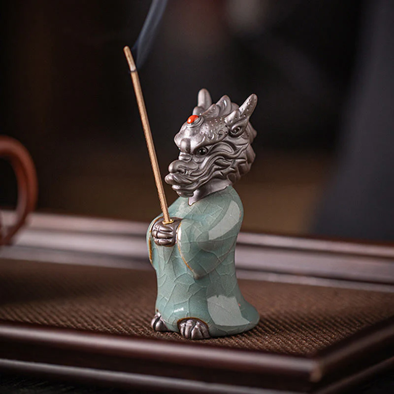 Buddha Stones Praying Dragon King Lotus Base Fu Character Ceramic Healing Incense Burner Desk Decoration
