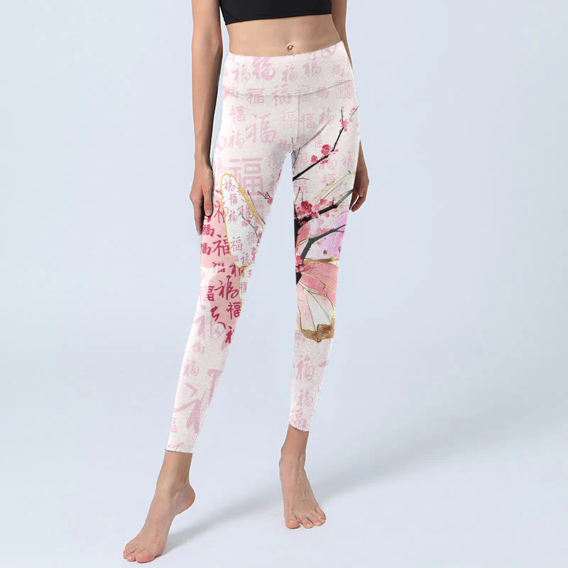 Buddha Stones Butterfly Plum Blossom Fu Character Pattern Print Gym Leggings Women's Yoga Pants