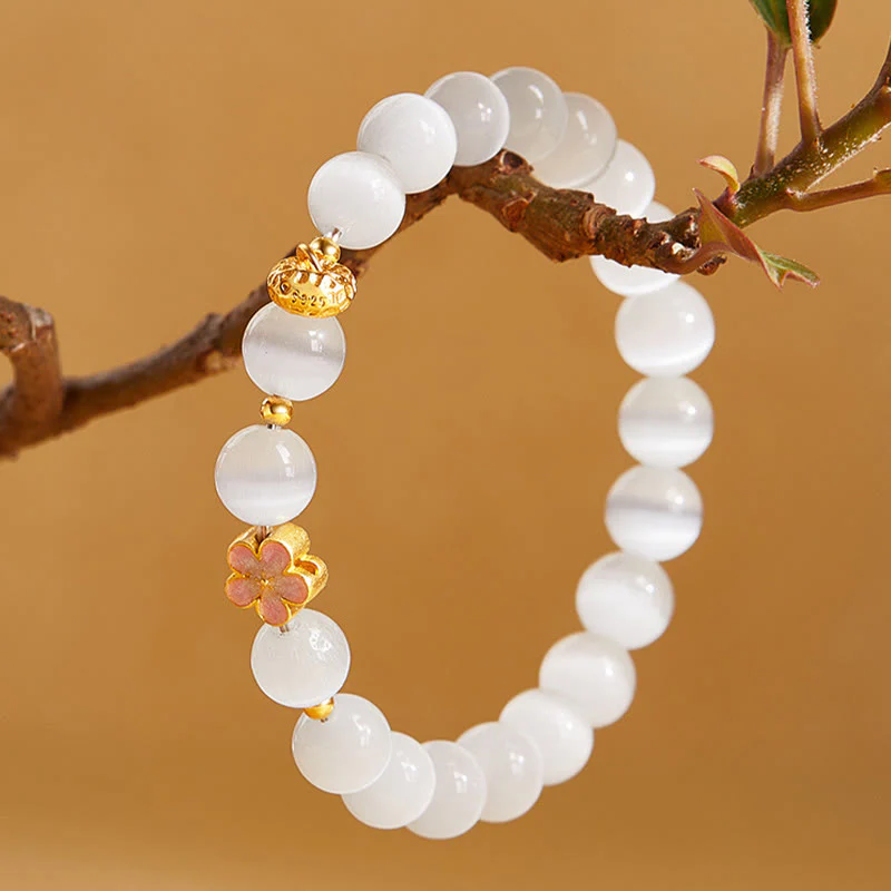 Buddha Stones 925 Sterling Silver Peach Blossom Lucky Bag White Cat's Eye Luck Bracelet
