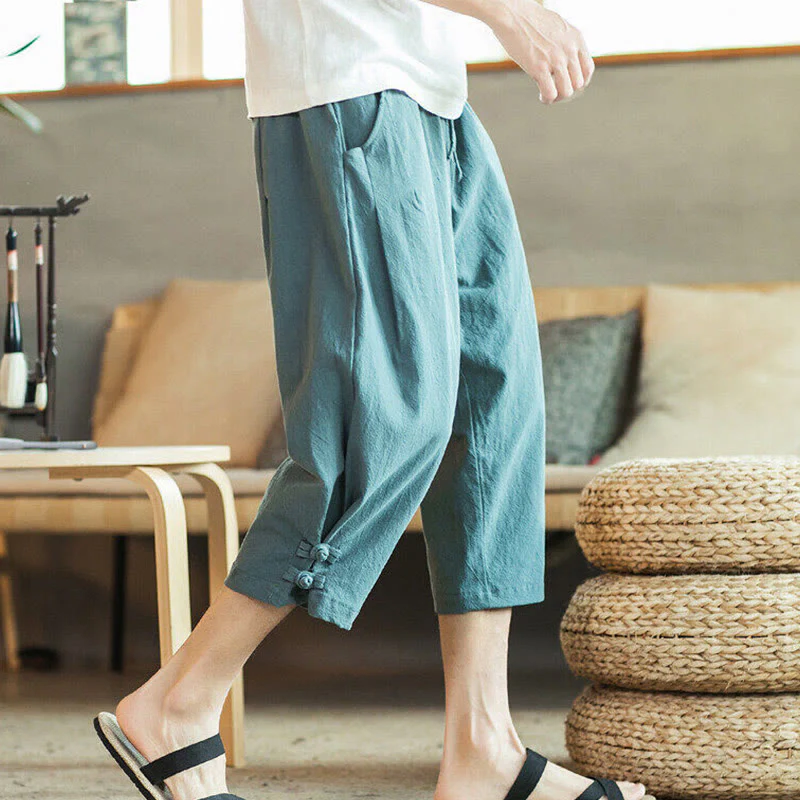 Buddha Stones Crane Embroidery Cotton Men's Cropped Harem Pants With Pockets