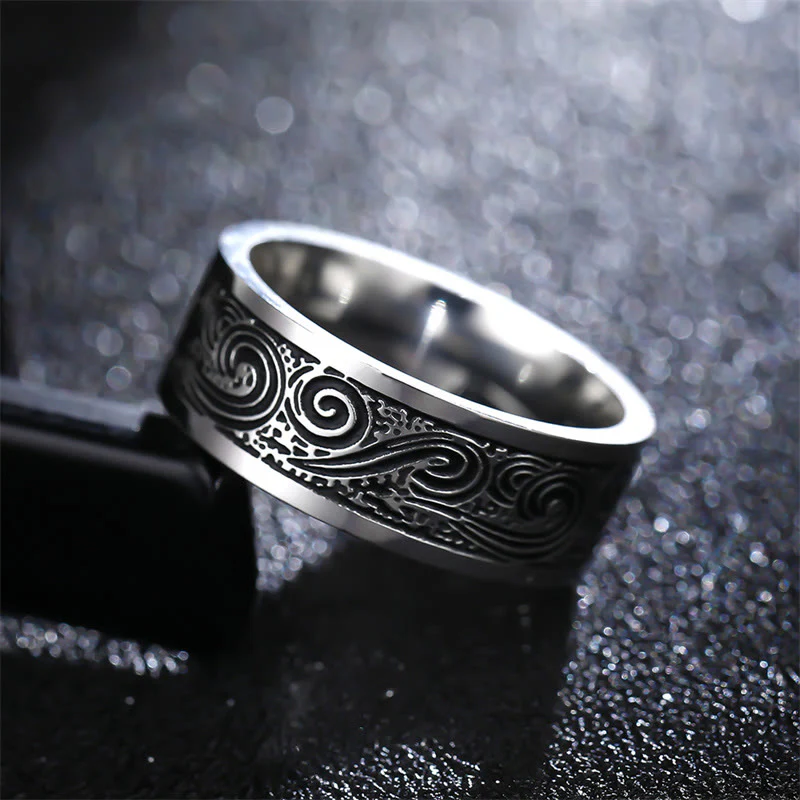 Buddha Stones Vintage Wave Auspicious Clouds Engraved Pattern Titanium Steel Balance Ring