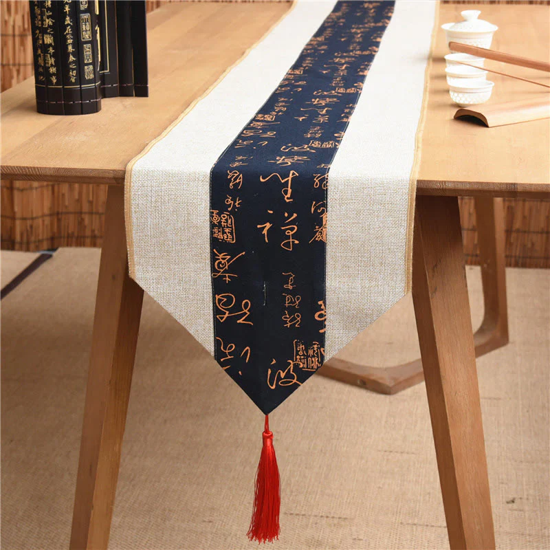 Buddha Stones Classic Chinese Style Lotus Koi Fish Flower Crane Calligraphy Enlightenment Cotton Linen Tassels Table Runner