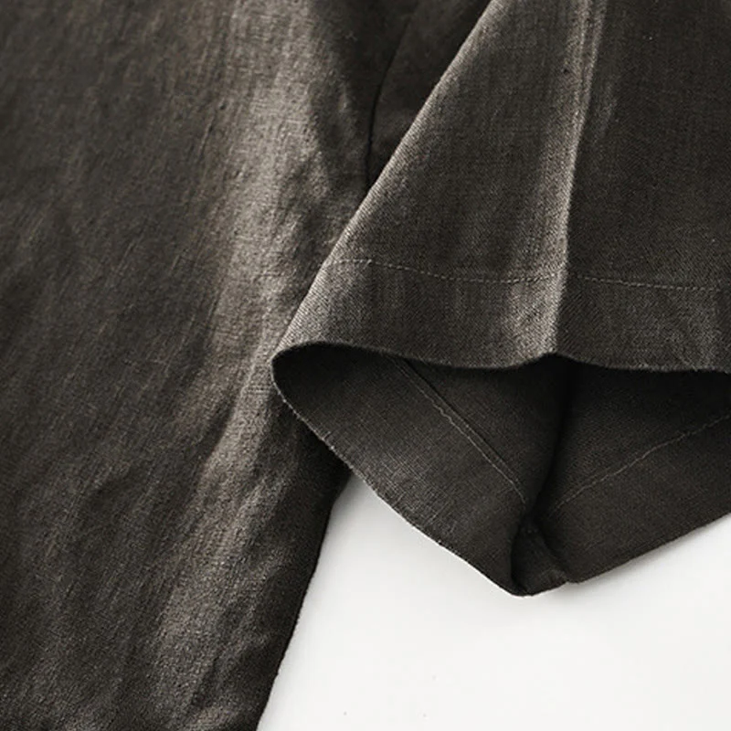 Buddha Stones Solid Summer Short Sleeve Buttons Linen Men's Shirt With Pockets