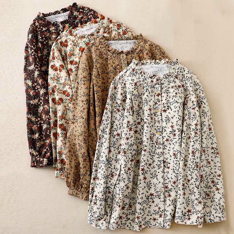 Buddha Stones Casual Florals Crew Neck Cotton Linen Women's Shirt