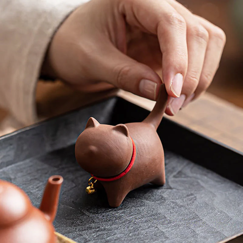 Buddha Stones Mini Lovely Red Rope Bell Cat Tea Pet Purple Clay Figurine Desk Decoration