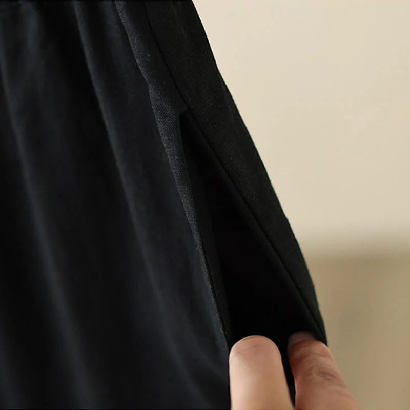 Buddha Stones Commute Retro Plain Lace Patchwork Design 7-8 Length Women's Wide Leg Cotton Pants With Pockets