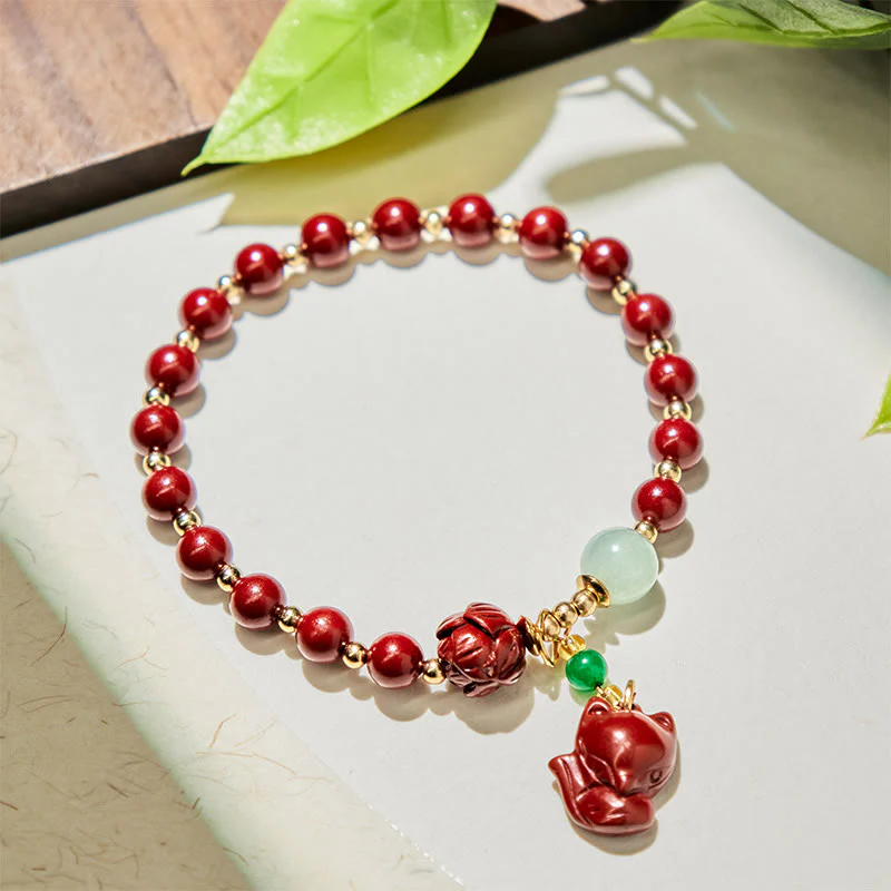 Buddha Stones Cinnabar Lotus Cute Fox Charm Blessing Bracelet