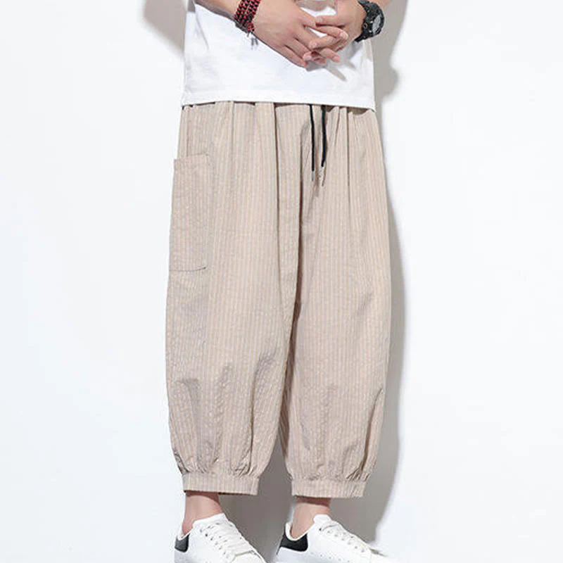 Buddha Stones Casual Striped Men's Cotton 7-8 Length Harem Pants With Pockets