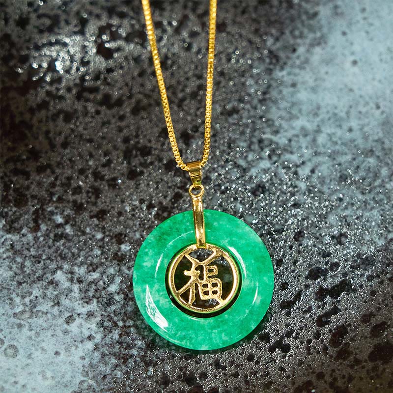 Buddha Stones Cyan Jade Fu Character Peace Buckle Healing Luck Necklace Pendant