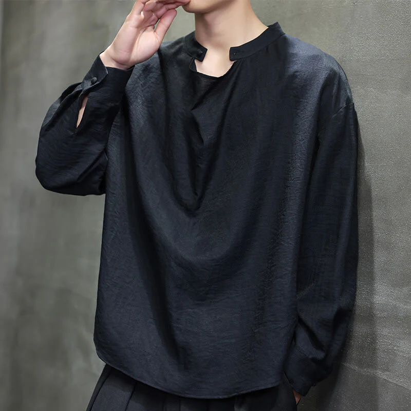 Buddha Stones Spring Solid Color Pleated Stand Collar Design Tang Suit Men's Long Sleeve Linen Shirt