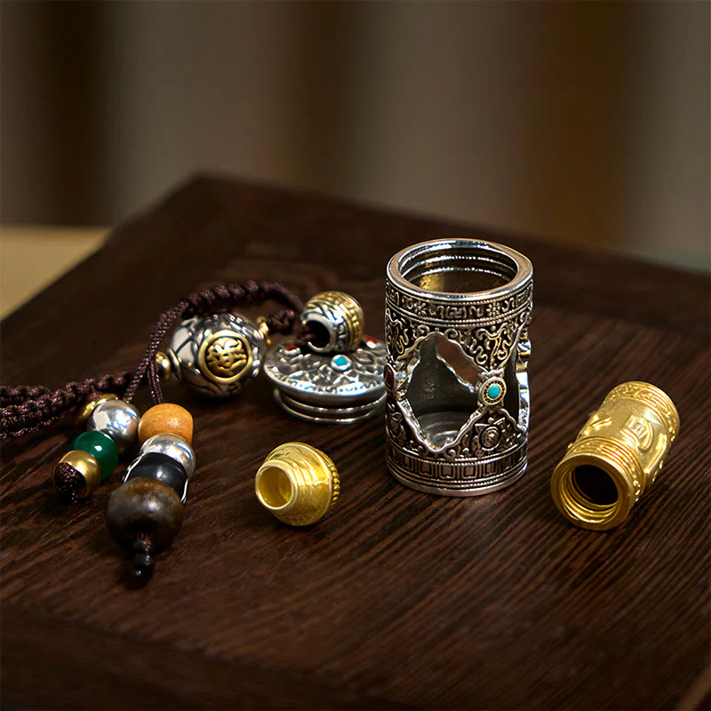 Buddha Stones Om Mani Padme Hum Ghau Prayer Box Copper Plated Silver Luck Key Chain