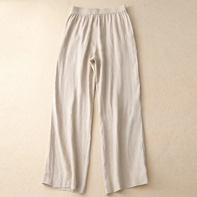 Buddha Stones Summer Casual Simple Design Linen Women's Wide Leg Pants With Zipper Pockets