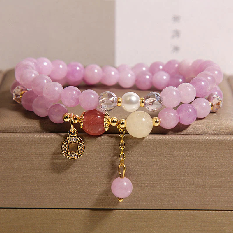 Buddha Stones Tourmaline Purple Jade Aquamarine Jade Copper Coin Positive Double Wrap Bracelet
