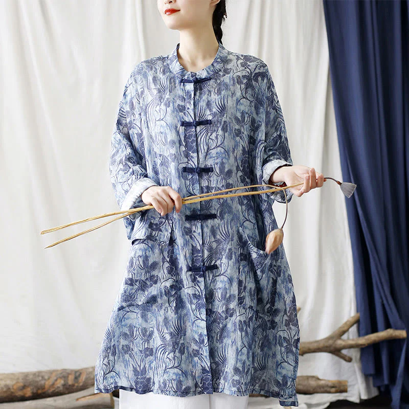 Buddha Stones Blue Flowers Butterfly Frog-Button Long Sleeve Ramie Linen Jacket Shirt With Pockets