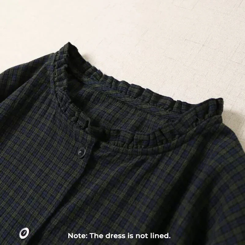 Buddha Stones Casual Plaid Simple Buttons Ruffled Design Cotton Linen Midi Dress With Pockets