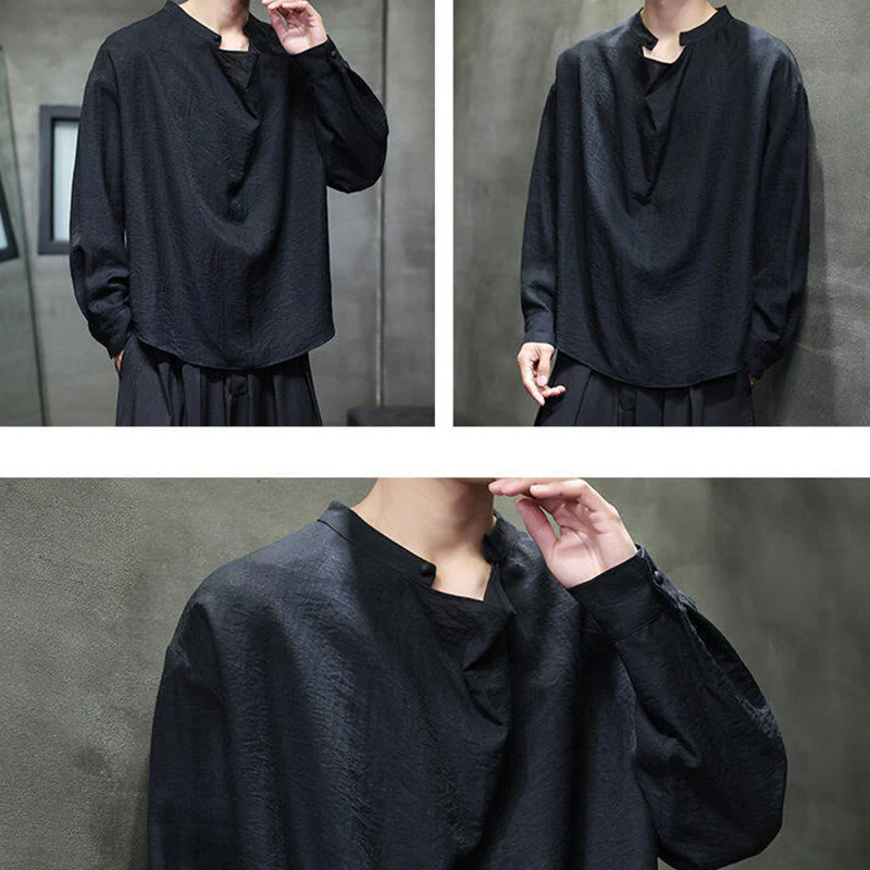 Buddha Stones Spring Solid Color Pleated Stand Collar Design Tang Suit Men's Long Sleeve Linen Shirt