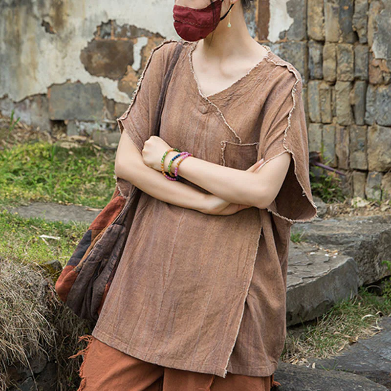 Buddha Stones Summer Tie-dye Linen V-Neck Short Sleeve Women's T-shirts