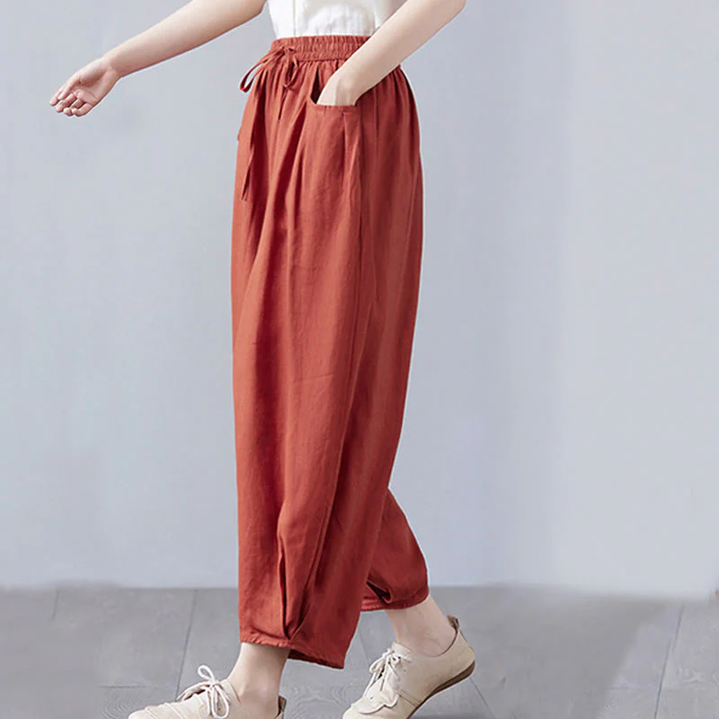 Buddha Stones Summer Plain Cropped Pants Women's Cotton Linen Harem Pants With Pockets