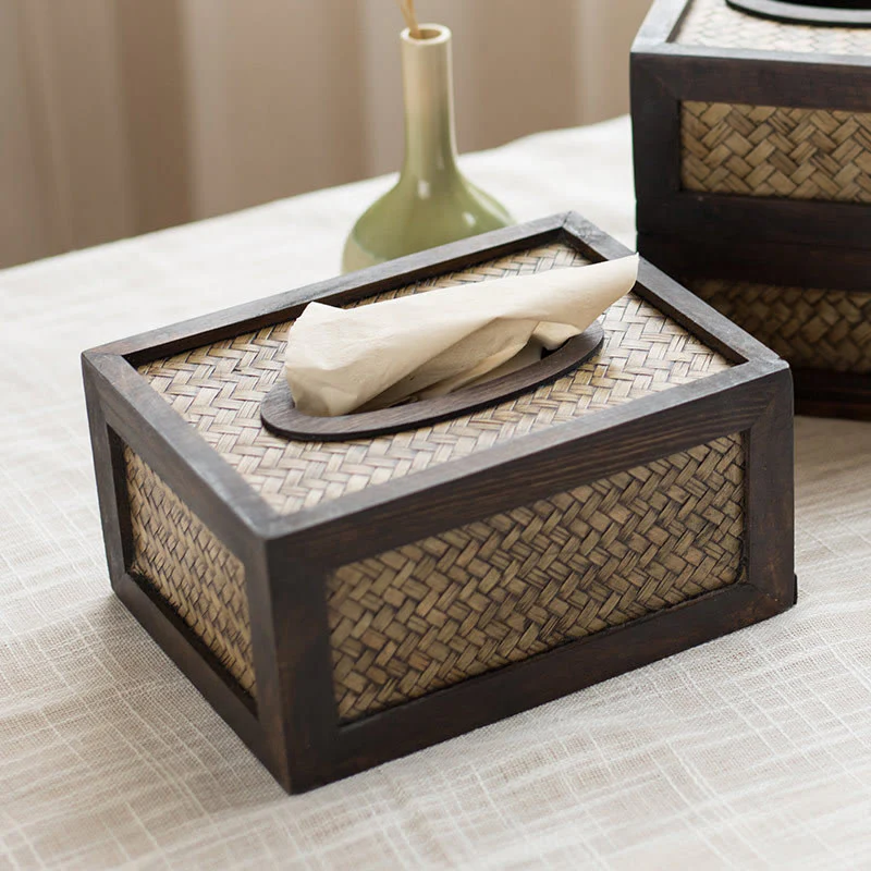 Buddha Stones Handmade Bamboo Woven Wood Tissue Box Wooden Tissue Holder Wipes Boxes Decoration
