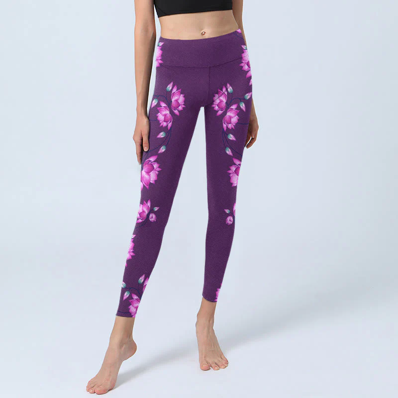 Buddha Stones Purple Pink Lotus Flower Print Gym Leggings Women's Yoga Pants