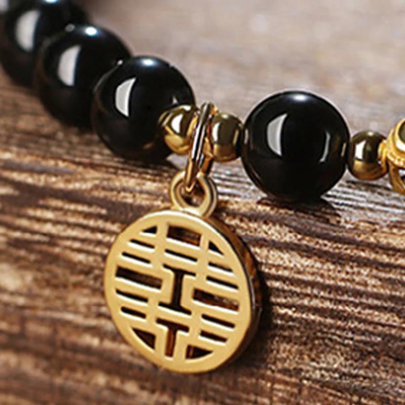 Buddha Stones Natural Black Obsidian Hetian Jade Gourd Double Happiness Strength Bracelet