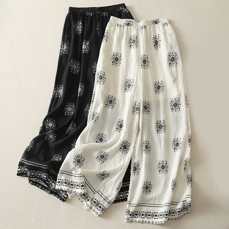 Buddha Stones Bohemian Printing Celestial Pattern Women's Wide Leg Cotton Pants With Pockets