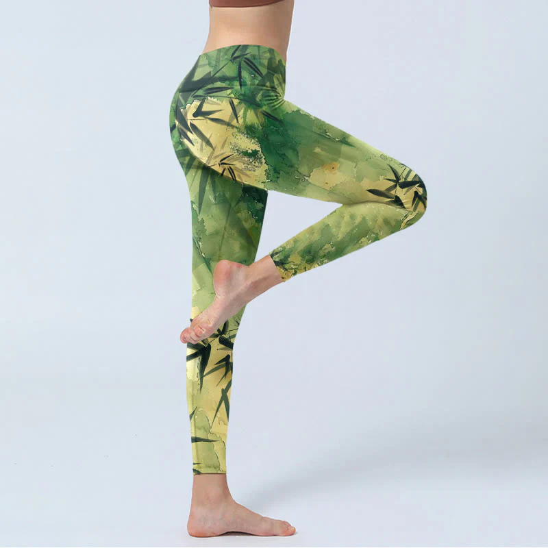 Buddha Stones Ink Blooming Bamboo Pattern Print Gym Leggings Women's Yoga Pants