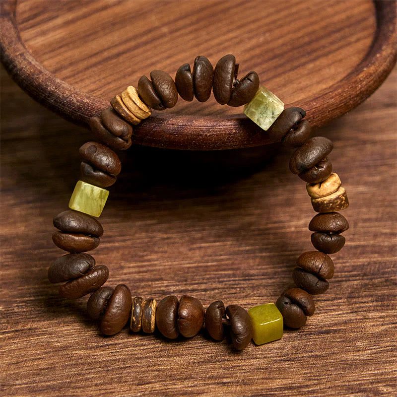Buddha Stones Handmade Natural Coffee Beans Coconut Shell Square Jade Positive Bracelet