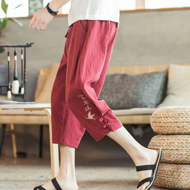 Buddha Stones Crane Embroidery Cotton Men's Cropped Harem Pants With Pockets