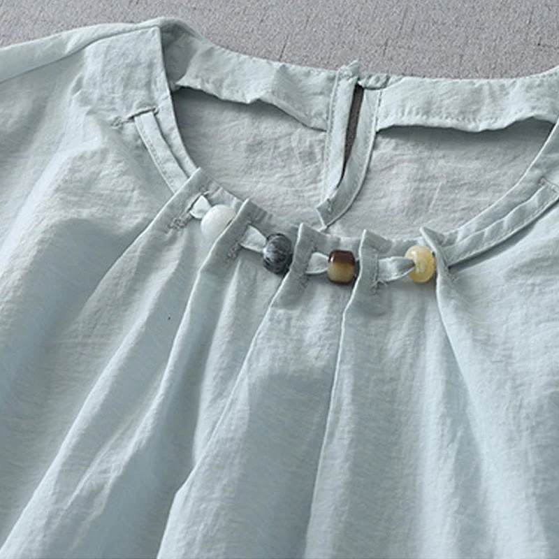 Buddha Stones Beads Crew Neck Design Cotton Short Sleeve Women's Shirt